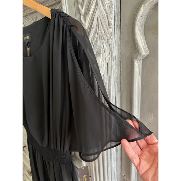 Laundry Dress Sz 6 Black Flowy Maxi Scoop Neck Flutter Sleeve Stretchy Waist NWT - Picture 3 of 7